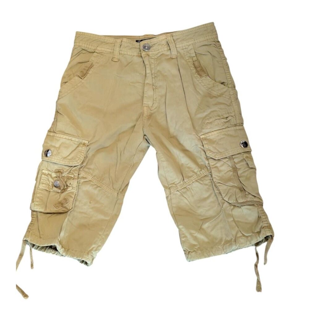 West Louis Tan Multi-Pocket Y2K Gorpcore Drawstring Cargo Shorts, Size 29
